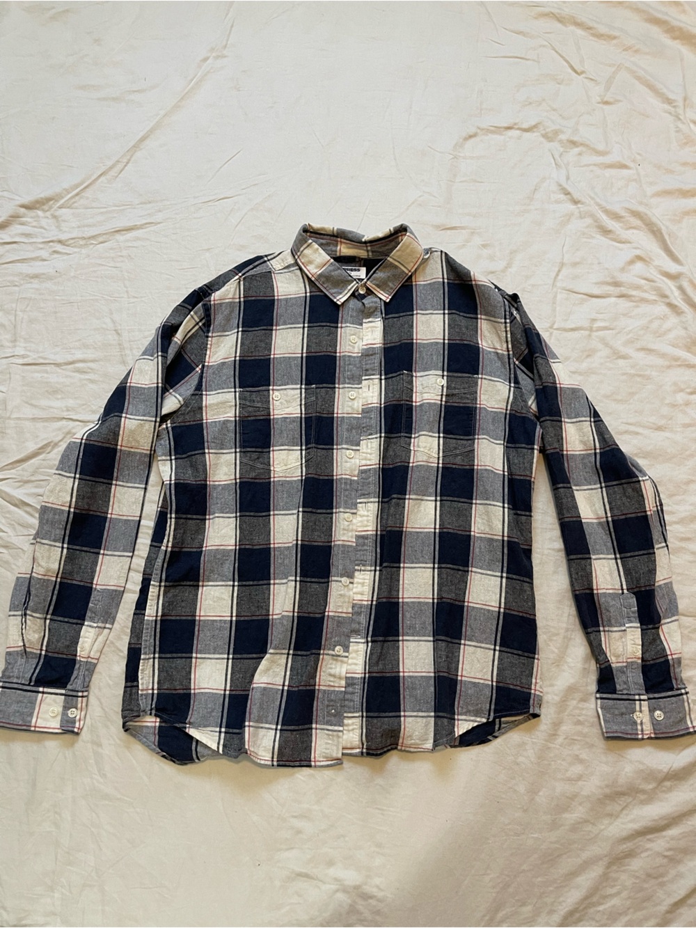Express Navy and White Plaid Button-Down Shirt